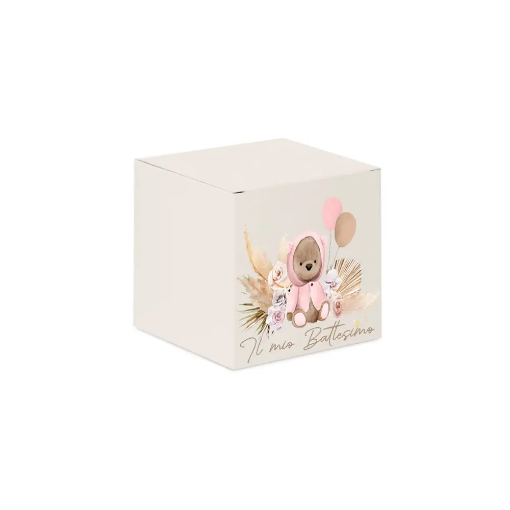 Scatolina portaconfetti cubetto battesimo Orsetta Pampas rosa  - 1 pz