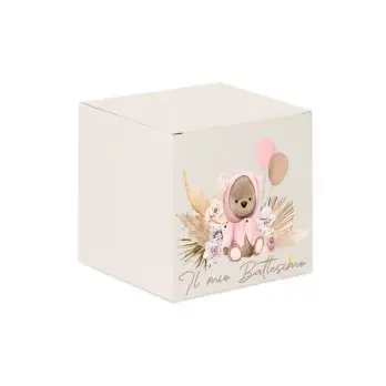 Scatolina portaconfetti cubetto battesimo Orsetta Pampas rosa  - 1 pz