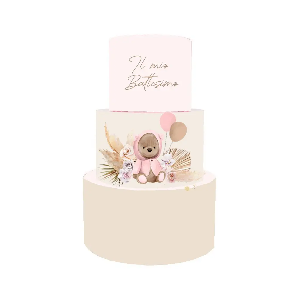 Torta Scenografica per Battesimo Orsetto Pampas rosa
