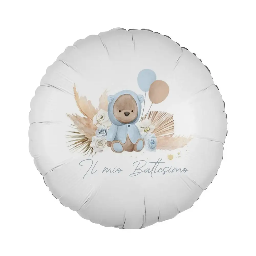 Palloncino foil stampa per battesimo orsetto Pampas celeste