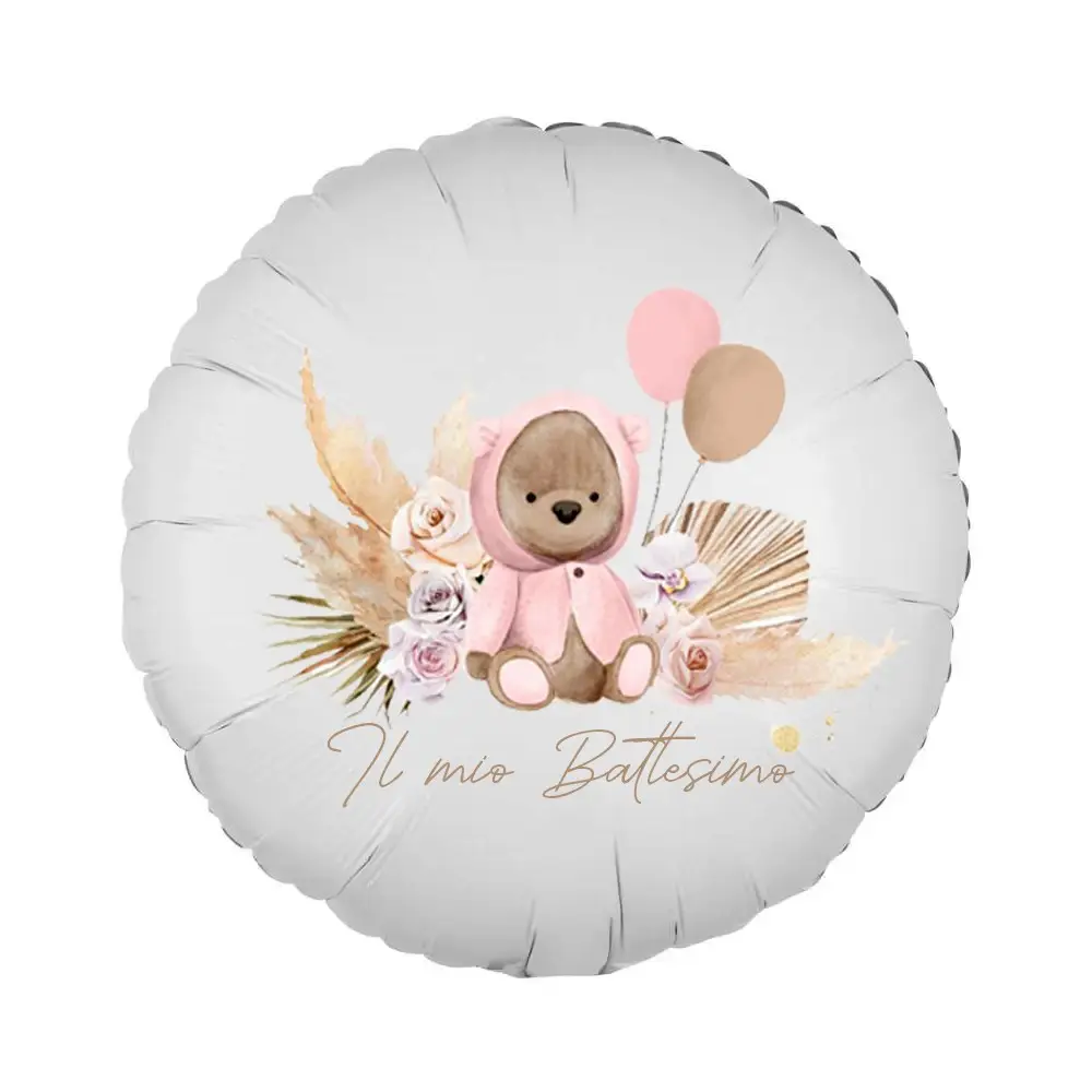 Palloncino foil stampa per battesimo orsetto Pampas rosa