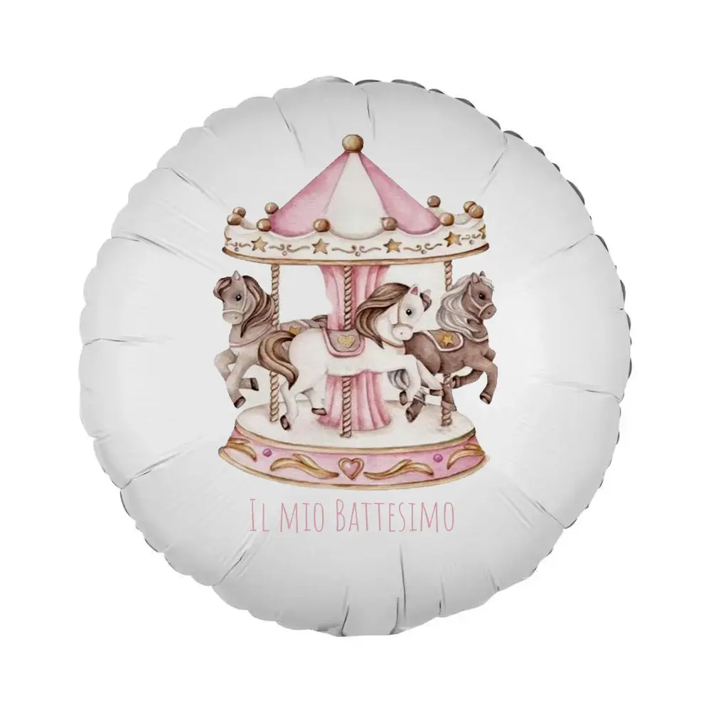 Palloncino foil stampa per battesimo Giostrina Carousel Rosa