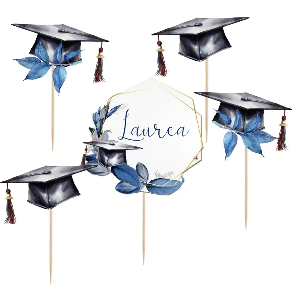 Topper Picks Per Torta Laurea Geometric Blu - 5pz