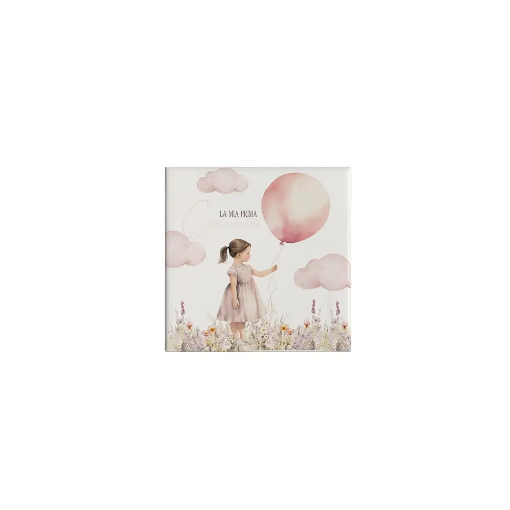 Mattonella magnete in ceramica per Prima Comunione Bimba Con Palloncino Personalizzabile 5x5cm