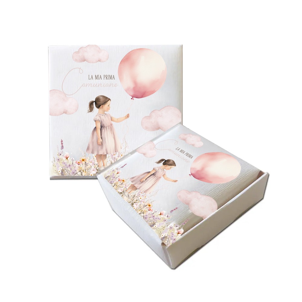 Scatolina Portaconfetti Mattonella Prima Comunione Bambina con Palloncino Rosa - 50 pz