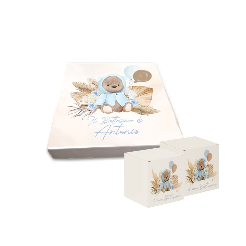 Set scatoline portaconfetti cubetto Battesimo Orsetto Pampas Celeste 20pz con Scatola Box - Personalizzabile