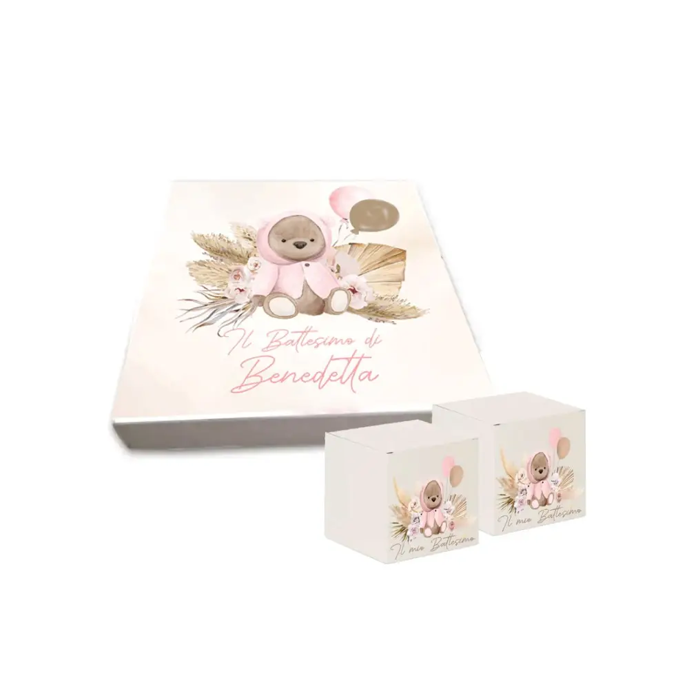 Set scatoline portaconfetti cubetto Battesimo Orsetta Pampas Rosa 20pz con Scatola Box - Personalizzabile