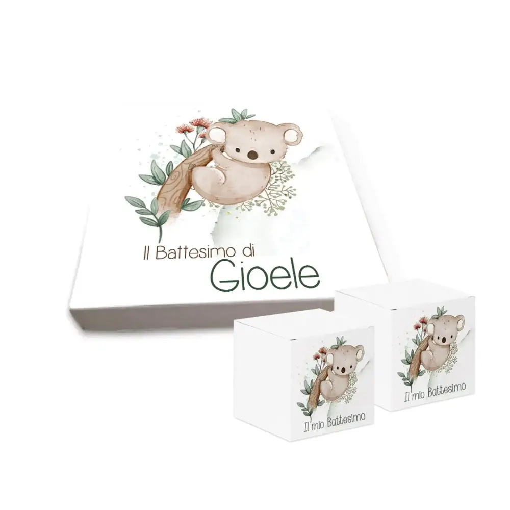 Set scatoline portaconfetti cubetto Battesimo Koala New 20pz con Scatola Box - Personalizzabile