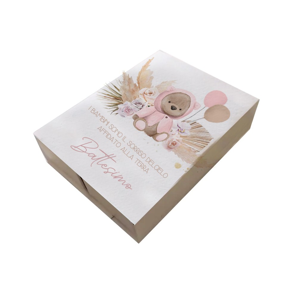 20 Scatoline porta confetti doppio scomparto battesimo Orsetta con pampas rosa