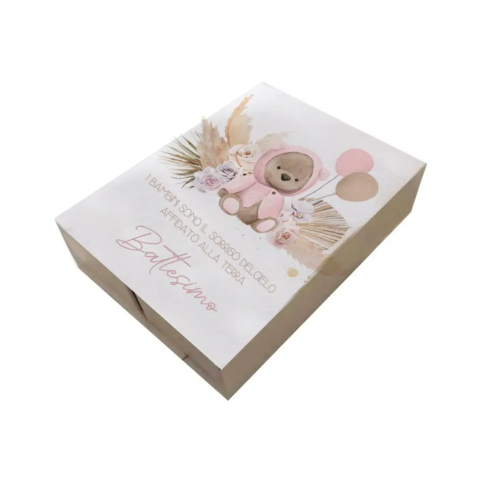 20 Scatoline porta confetti doppio scomparto battesimo Orsetta con pampas rosa