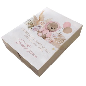 20 Scatoline porta confetti doppio scomparto battesimo Orsetta con pampas rosa