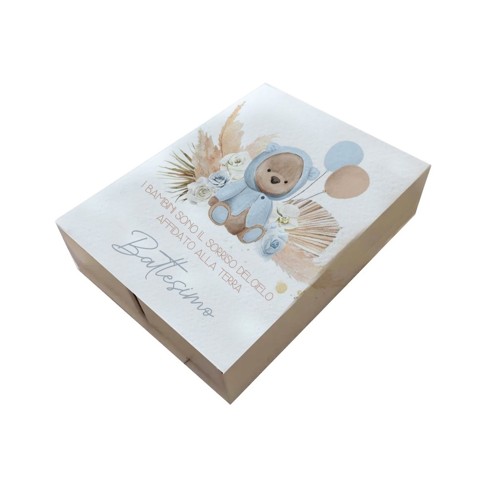 20 Scatoline porta confetti doppio scomparto battesimo Orsetta con pampas celeste