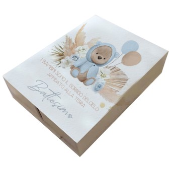 20 Scatoline porta confetti doppio scomparto battesimo Orsetta con pampas celeste