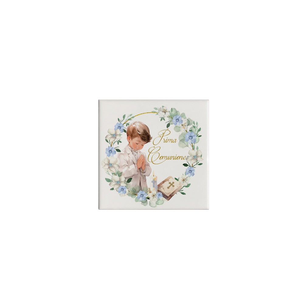 Mattonella magnete in ceramica per Comunione Romantic Boy Personalizzabile 5x5cm