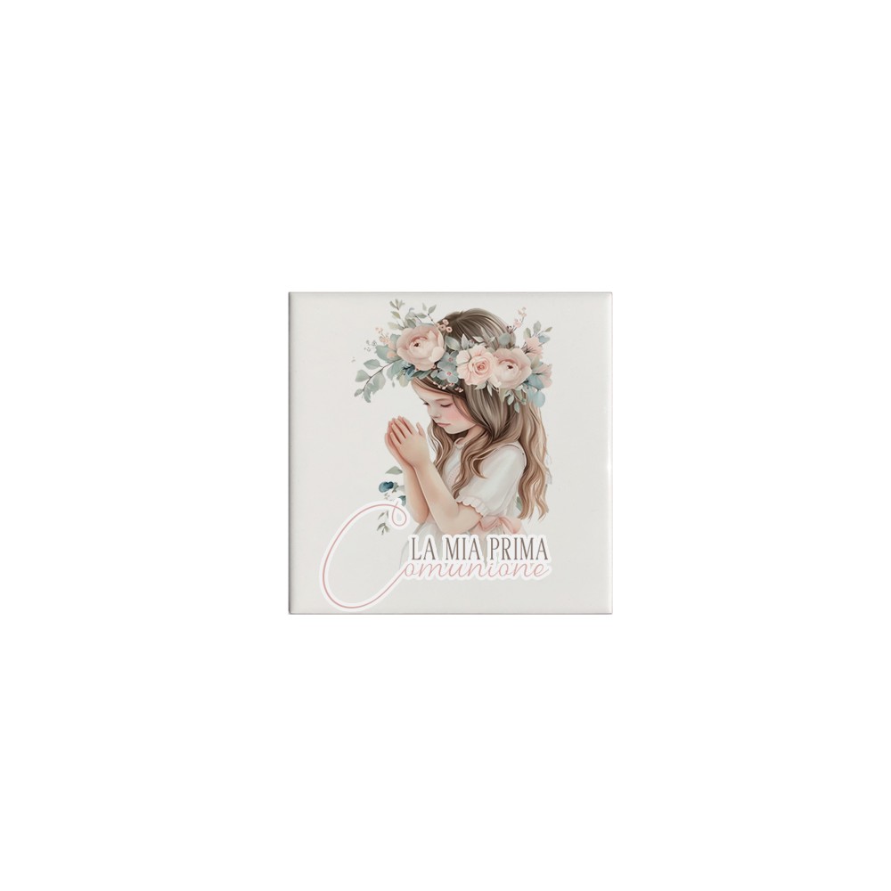 Mattonella magnete in ceramica per Comunione Romantic Girl Personalizzabile 5x5cm