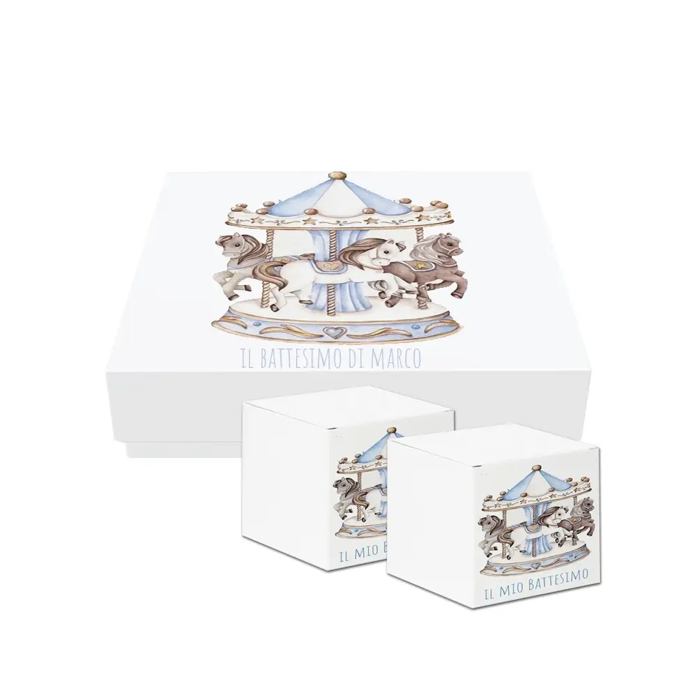 scatoline portaconfetti cubetto Battesimo giostra Carosel Celeste 20pz con Scatola Box - Personalizzabile