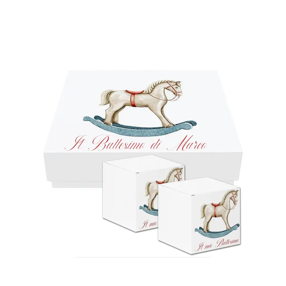 scatoline portaconfetti cubetto Battesimo Cavaluccio a Dondolo Celeste 20pz con Scatola Box - Personalizzabile