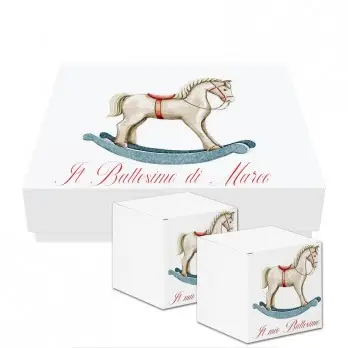 scatoline portaconfetti cubetto Battesimo Cavaluccio a Dondolo Celeste 20pz con Scatola Box - Personalizzabile