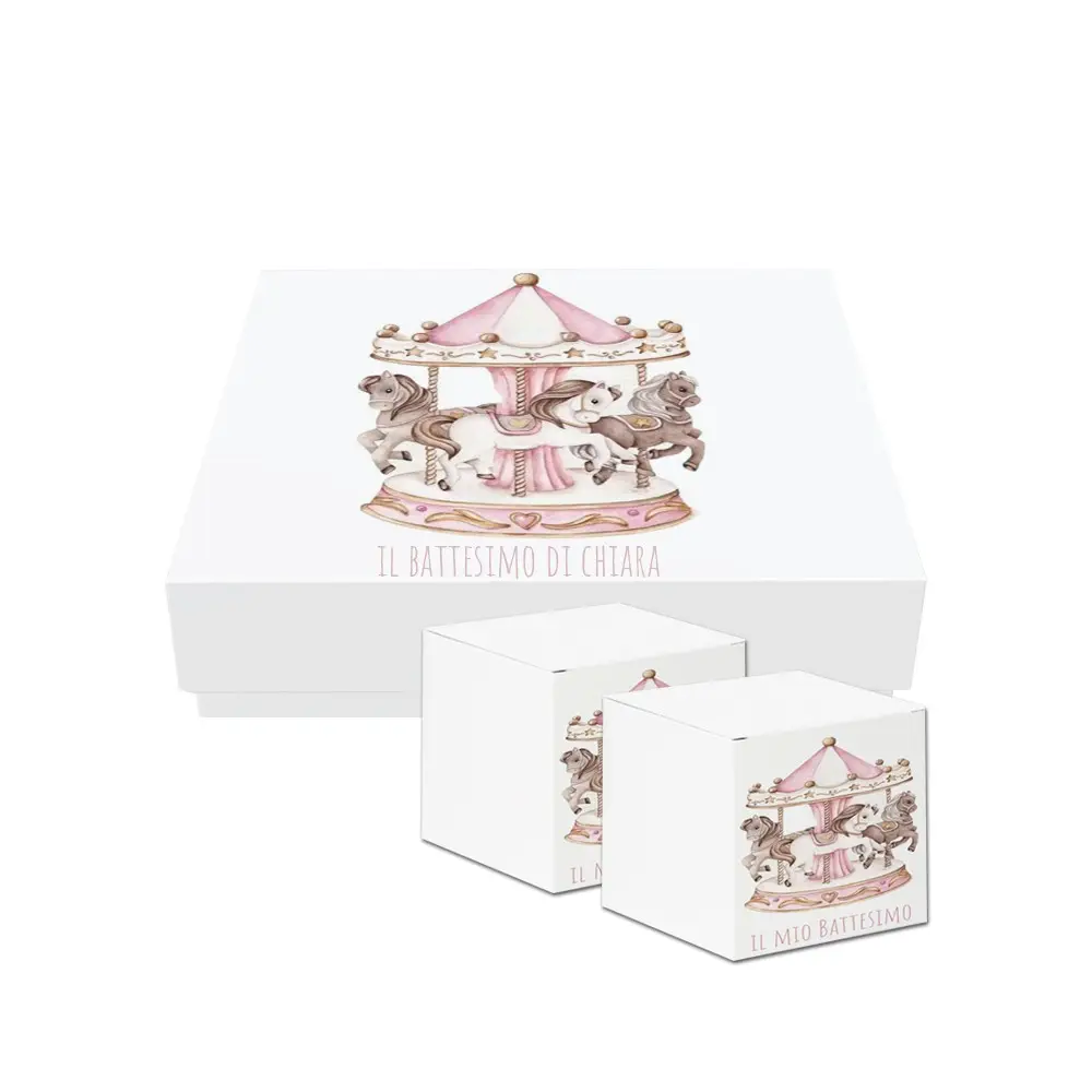 scatoline portaconfetti cubetto Battesimo giostra Carosel Rosa 20pz con Scatola Box - Personalizzabile