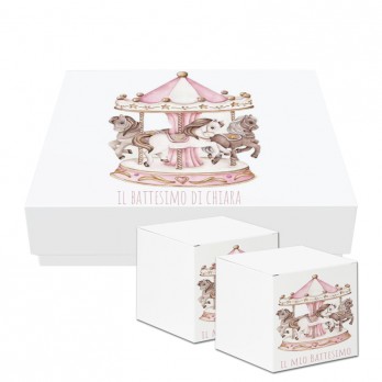 scatoline portaconfetti cubetto Battesimo giostra Carosel Rosa 20pz con Scatola Box - Personalizzabile