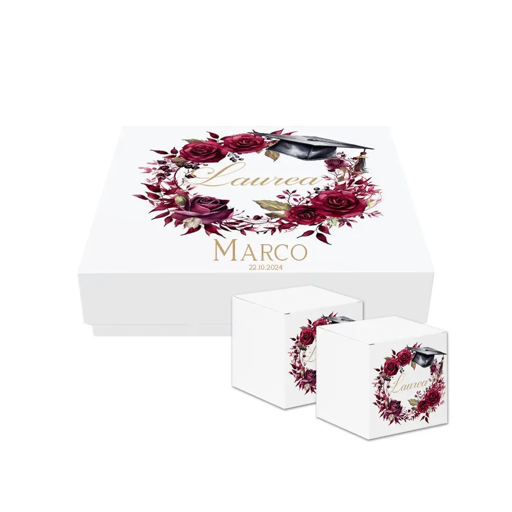 scatoline portaconfetti cubetto Laurera Rose Amaranto 20pz con Scatola Box - Personalizzabile