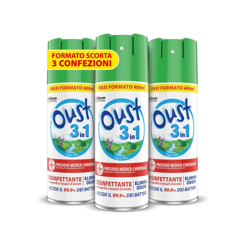 OUST 3in1 Spray Elimina Odori Disinfettante - 3 Confezioni da 400ml