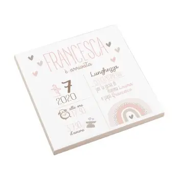 Mattonella nascita 15×15 cm personalizzabile arcobaleno boho rosa