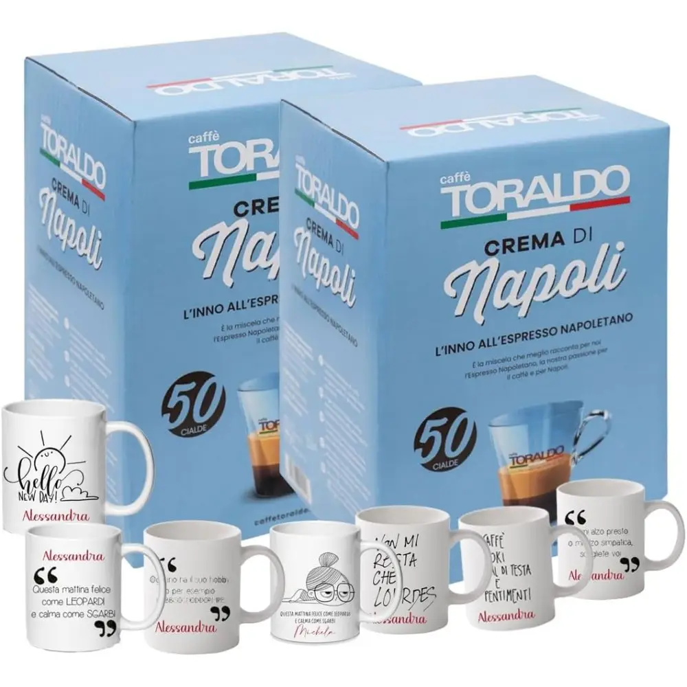 set regalo 2 conf. Cialde da 50 pz Caffè Toraldo miscela Crema di Napoli + 2 tazzine personalizzabili