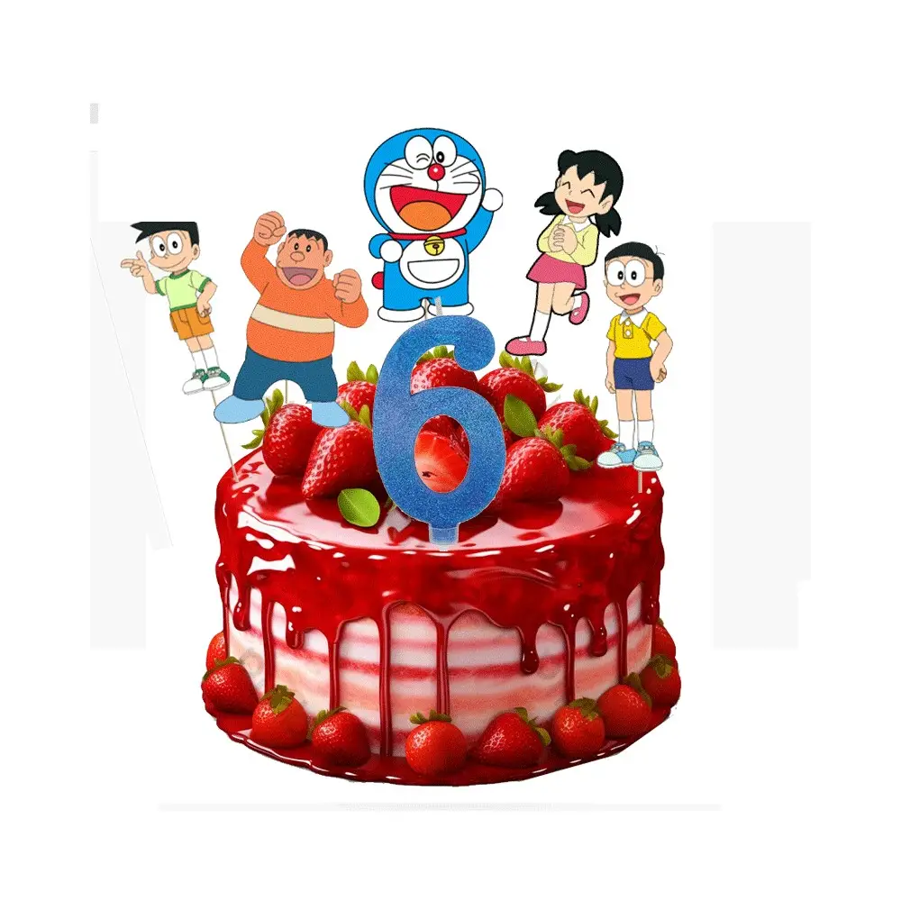Set per Decorazione Torta Doraemon con 5 Topper Picks e Candelina Numerale