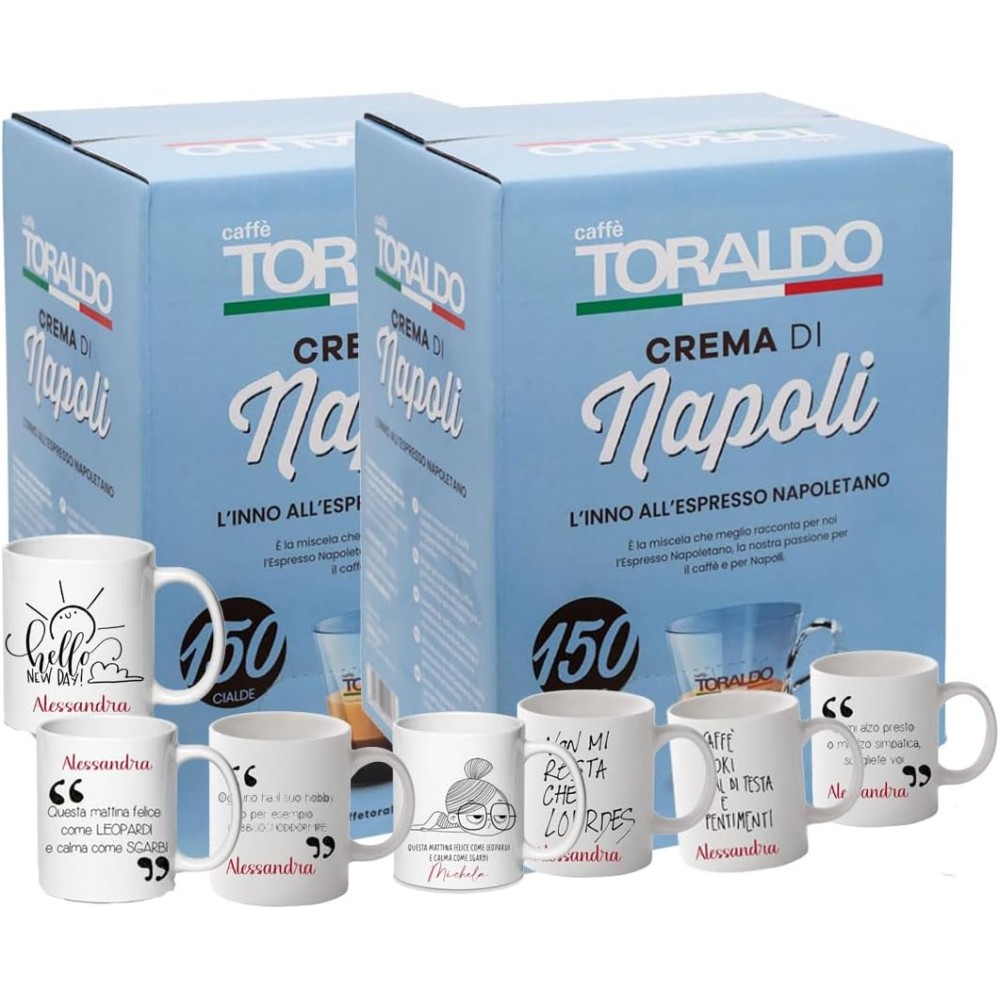 set regalo 2 conf. Cialde da 150 pz Caffè Toraldo miscela Crema di Napoli + 2 tazzine personalizzabili