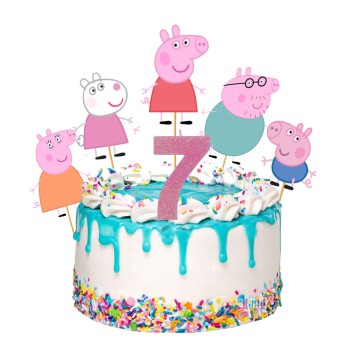 Set Decorazione Torta Peppa Pig 5 Topper Picks e Candelina