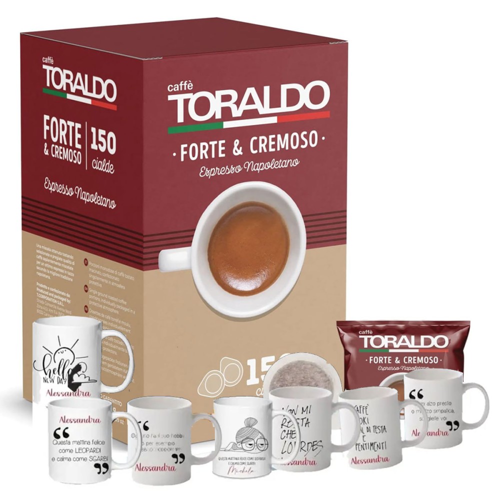 Set regalo Cialde 150 pz Caffè Toraldo forte e cremoso + 2 tazzine personalizzabili