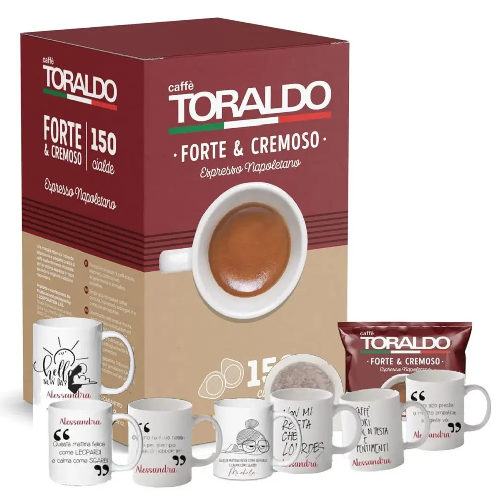 Set regalo Cialde 150 pz Caffè Toraldo forte e cremoso + 2 tazzine personalizzabili