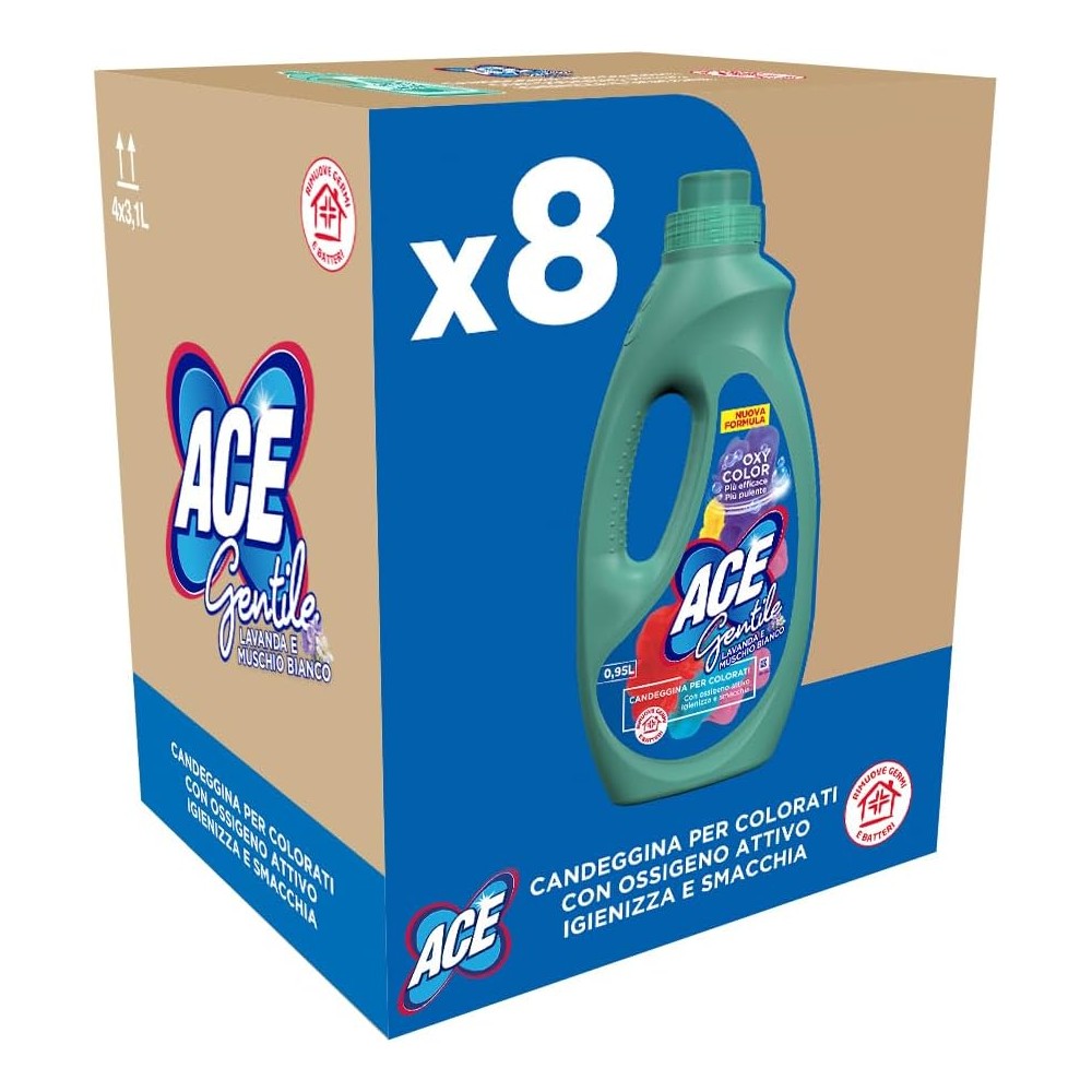 ACE Gentile Candeggina Delicata, Profumazione Lavanda e Muschio Bianco 8 Flaconi x 0,95 Litri