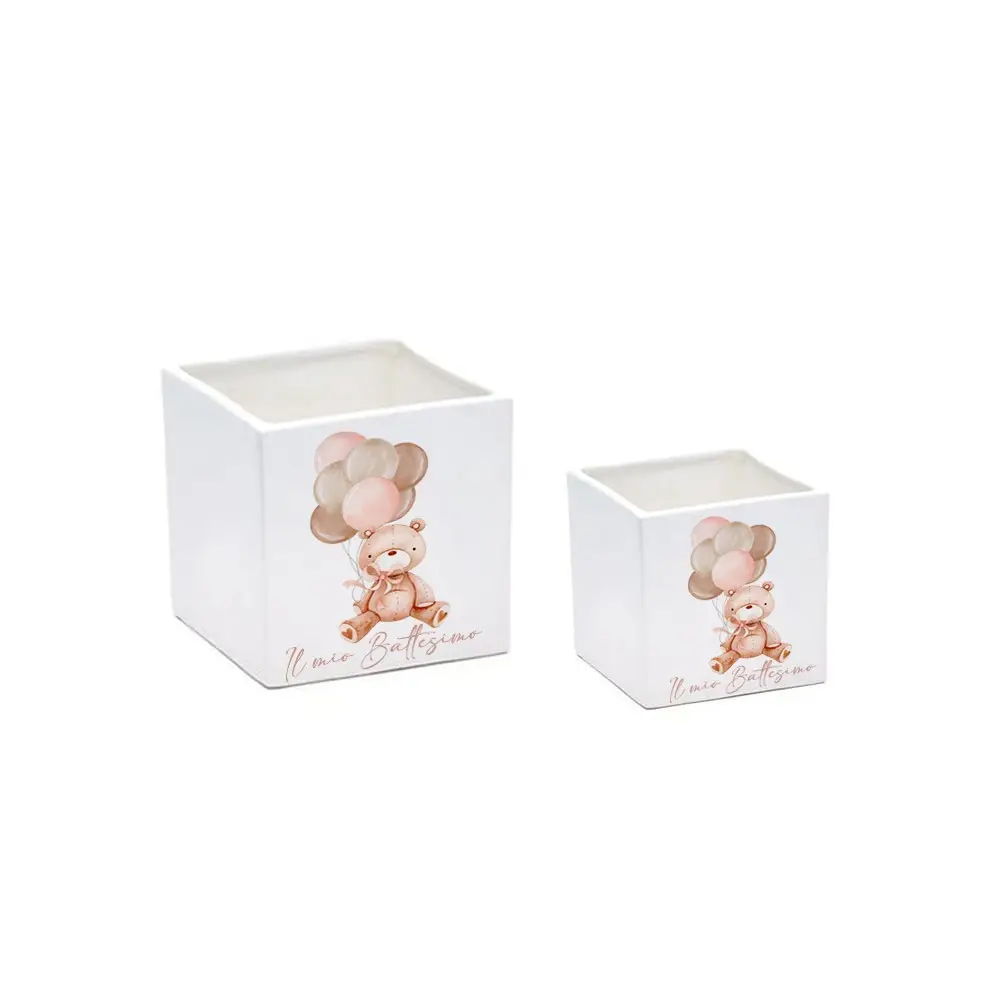 Vaso cubo Battesimo Teddy Rosa personalizzabile - 6 pz