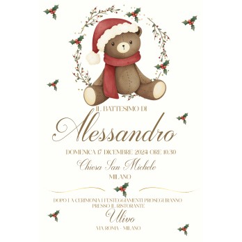 Inviti Battesimo Orsetto natalizio personalizzabili – 20 pz