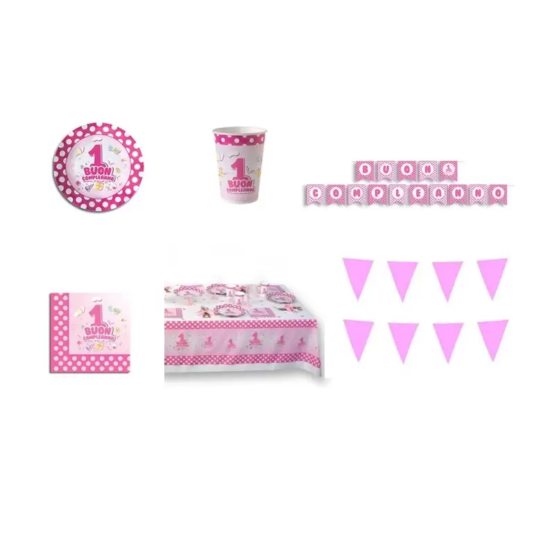 IRPot - KIT N 17 BUON PRIMO COMPLEANNO POIS ROSA CON GHIRLANDA FESTONE BIMBA 