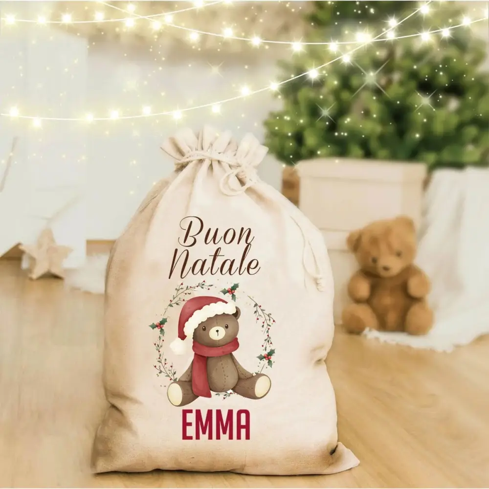 Sacca per doni Babbo natale con Orsetto personalizzabile