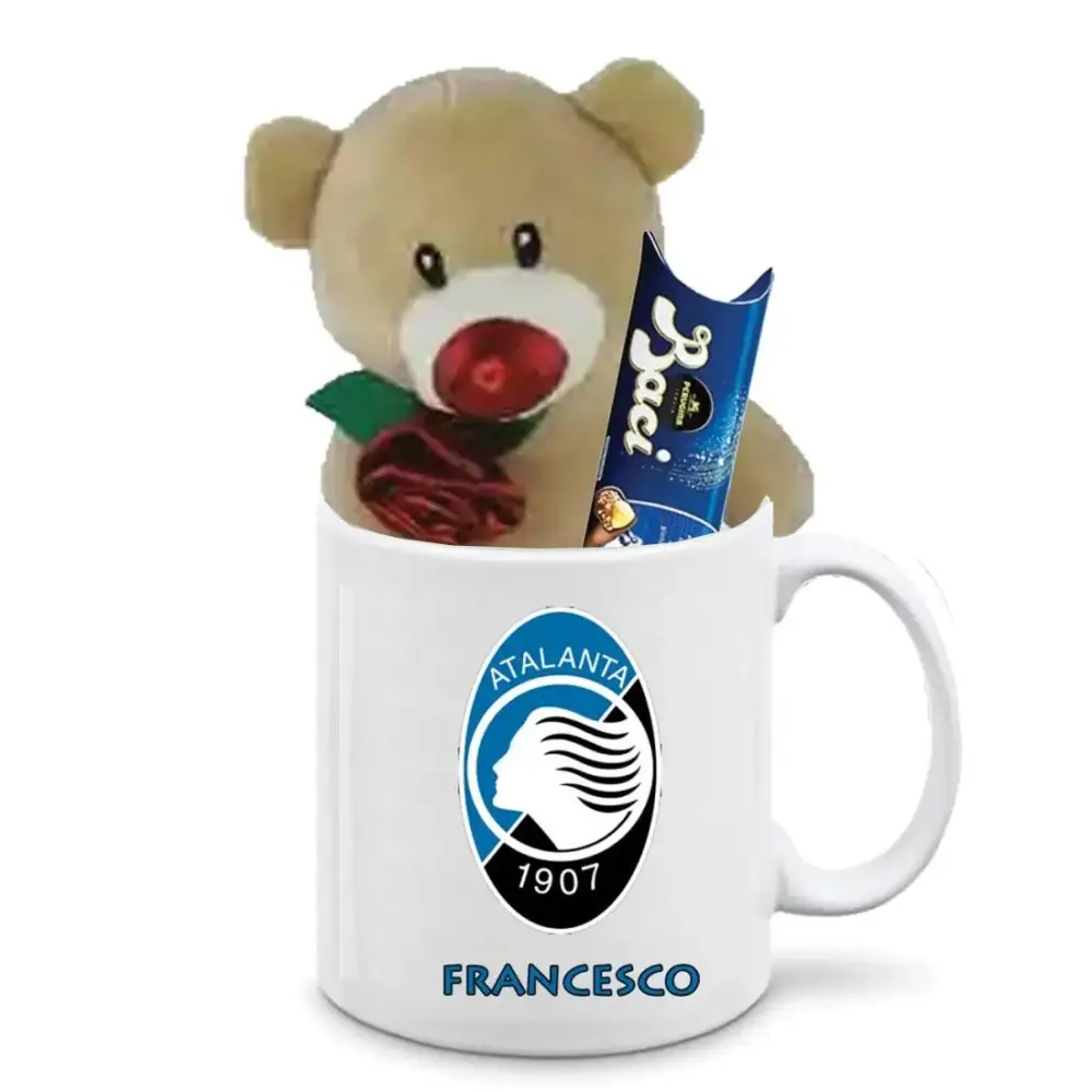 Tazza Personalizzabile Atalanta con Peluche Orsetto e Baci Perugina