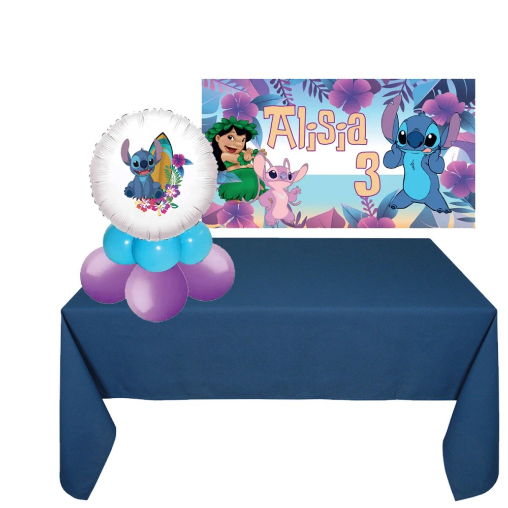 Set allestimento tavola torta Stitch con foil e banner personalizzabili