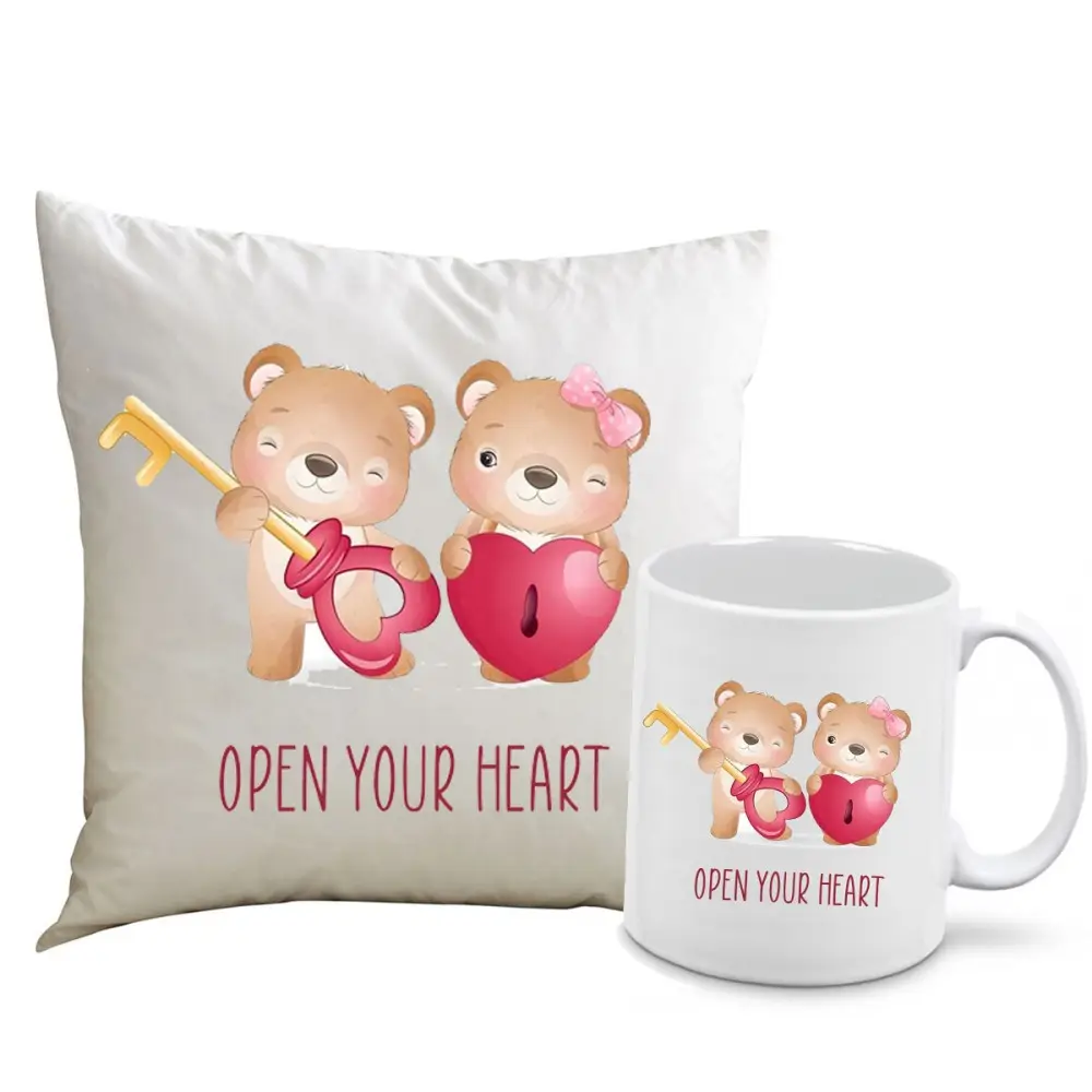 Cuscino San valentino + tazza Open your Heart