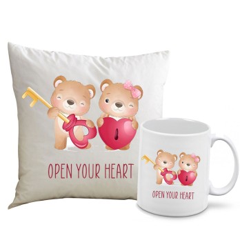 Cuscino San valentino + tazza Open your Heart