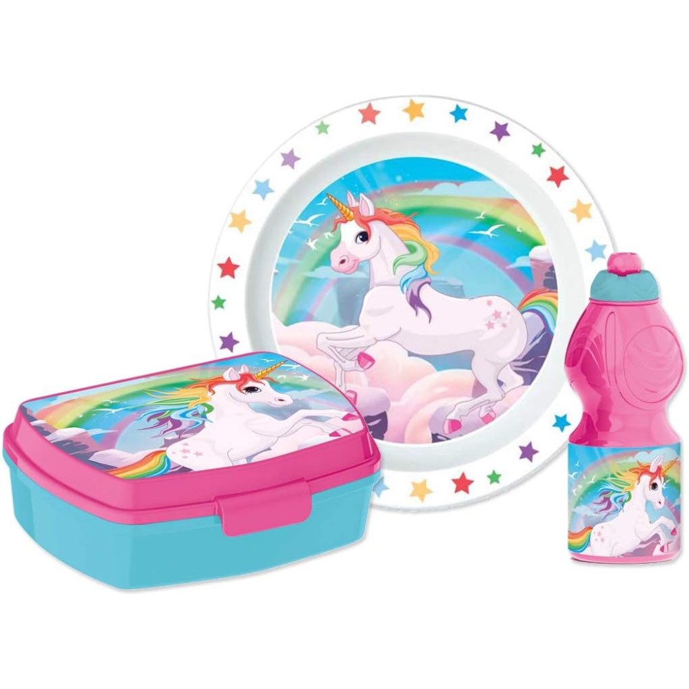 SET ASILO UNICORNO CON PIATTO PORTA MERENDA E BORRACCIA