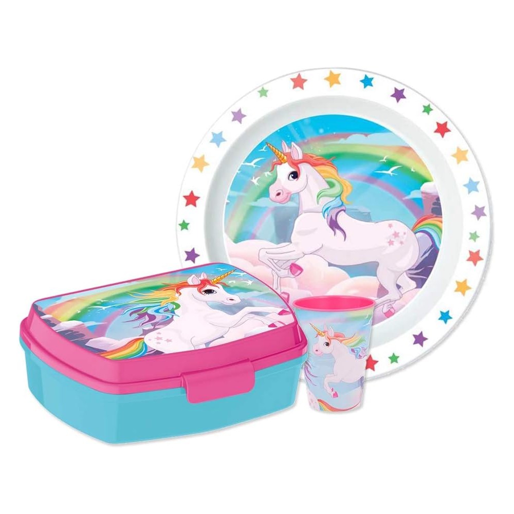 SET ASILO UNICORNO CON PIATTO PORTA MERENDA E BORRACCIA