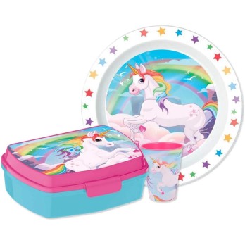 SET ASILO UNICORNO CON PIATTO PORTA MERENDA E BORRACCIA