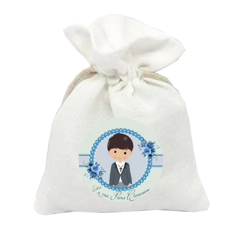 10 SACCHETTI PRIMA COMUNIONE FLORAL CELESTE PERSONALIZZABILI BIMBO