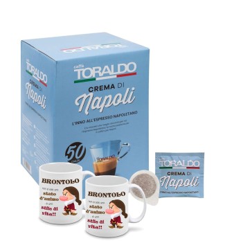 Set regalo 2 conf. Cialde 50 pz Caffè Toraldo Crema di Napoli + 2 tazzine Brontolo personalizzabili