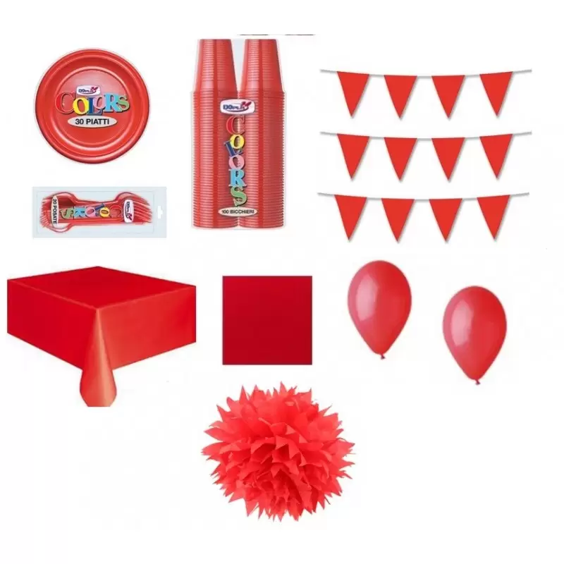 KIT N 35 COORDINATO TAVOLA FESTA PARTY MONOCOLORE ROSSO CON FLUFFY 