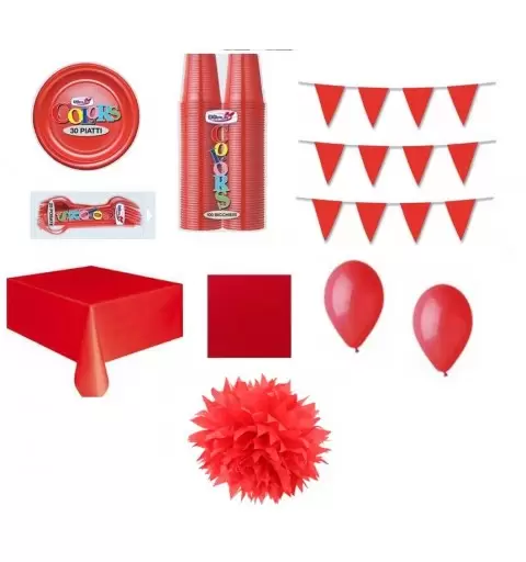 KIT N 35 COORDINATO TAVOLA FESTA PARTY MONOCOLORE ROSSO CON FLUFFY 