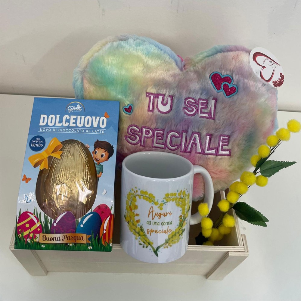Peluche Cuore, ovetto, tazza, Mimose artificiali regalo festa della donna